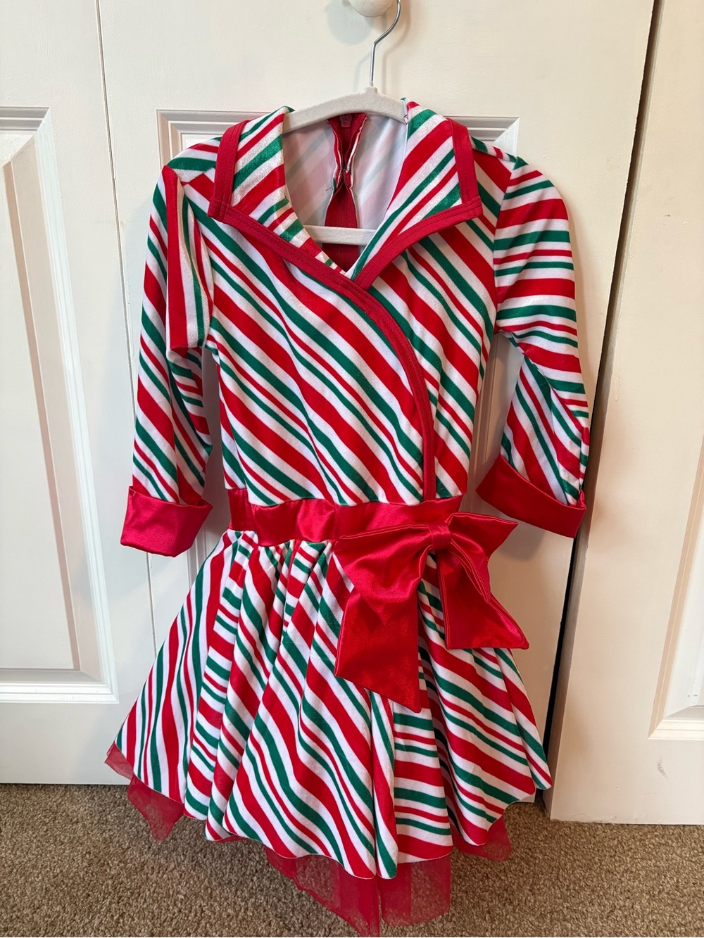 Weissman Red, White & Green Striped Holiday Dress with Satin Bow